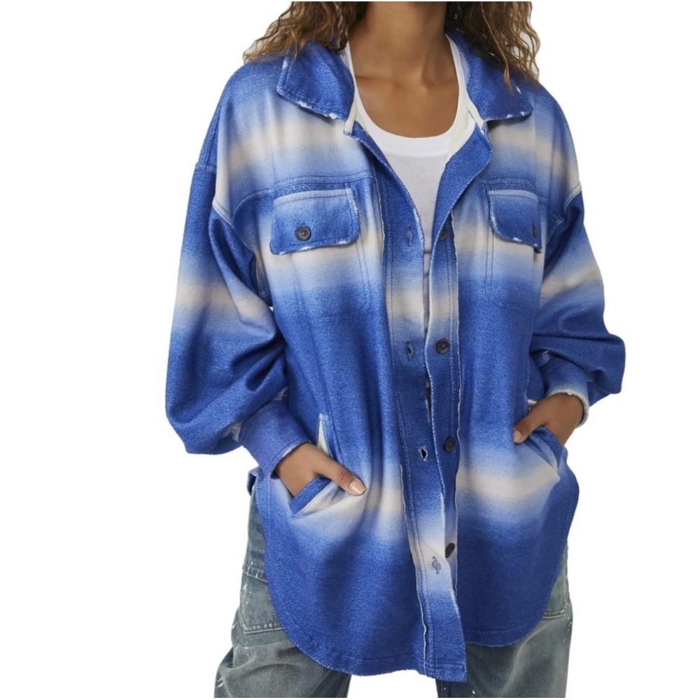 NWT Free people jacket Shacket Med distressed Grunge blue white Cozy $178 Oversz